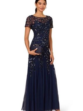 NWT Adrianna Papell $300 Navy Blue Beaded Short-Sleeve Gown size 10